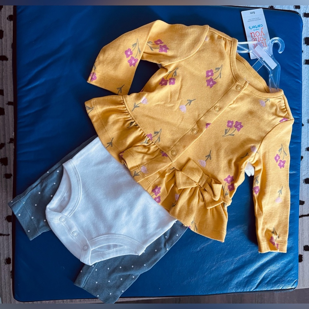 3pcs NWT Carters Girls 6m Golden flower Top Adored Onesie Grey Polka Dot Pants